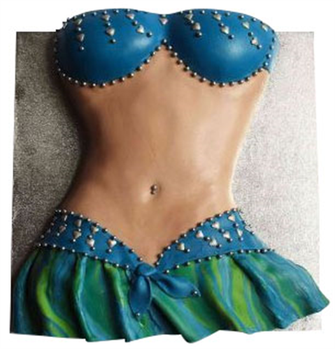 Shaped cake resembling a female torso in a blue and green belly dancer outfit with silver beads and hearts.