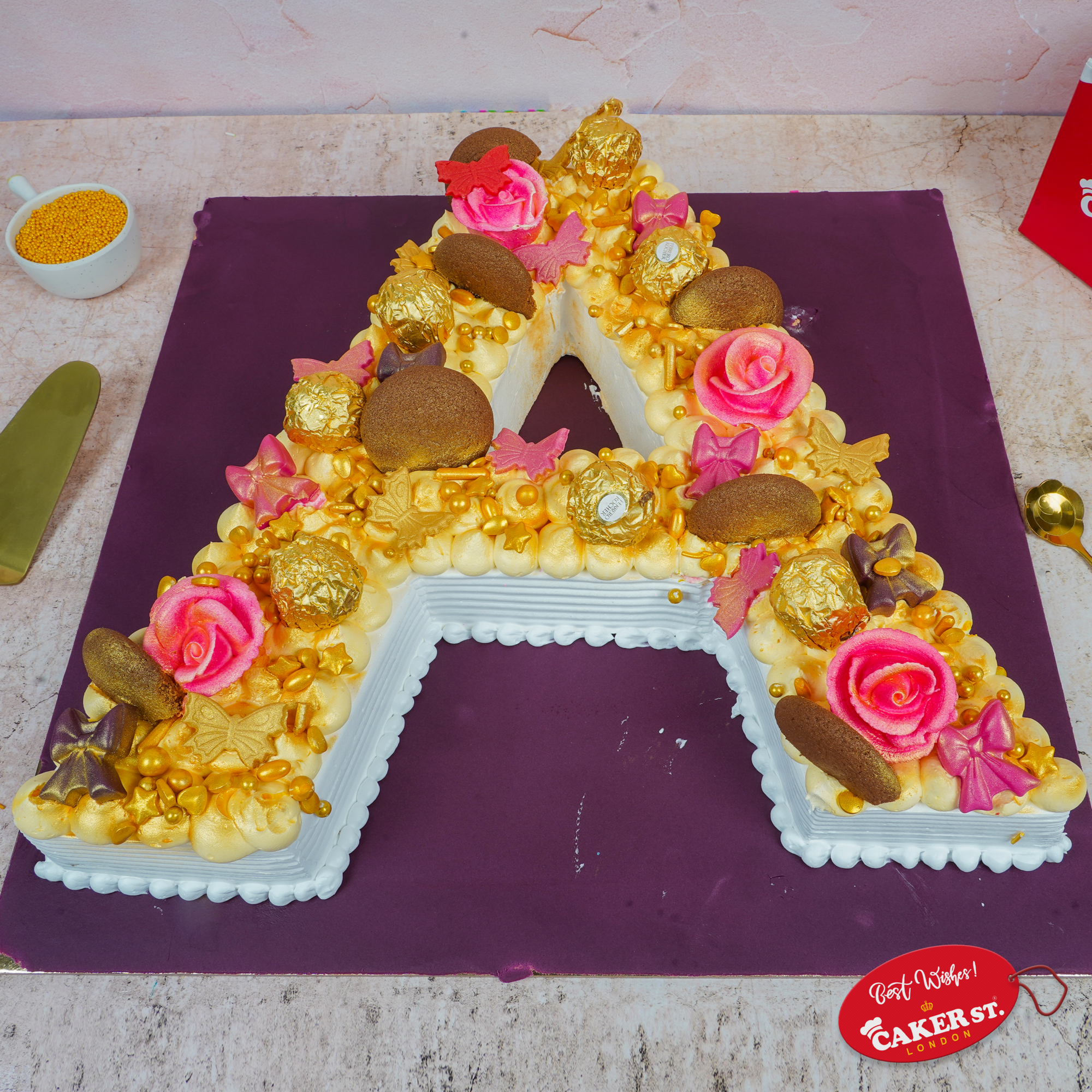 Personalised Letter Birthday Cake - Gold & Pink