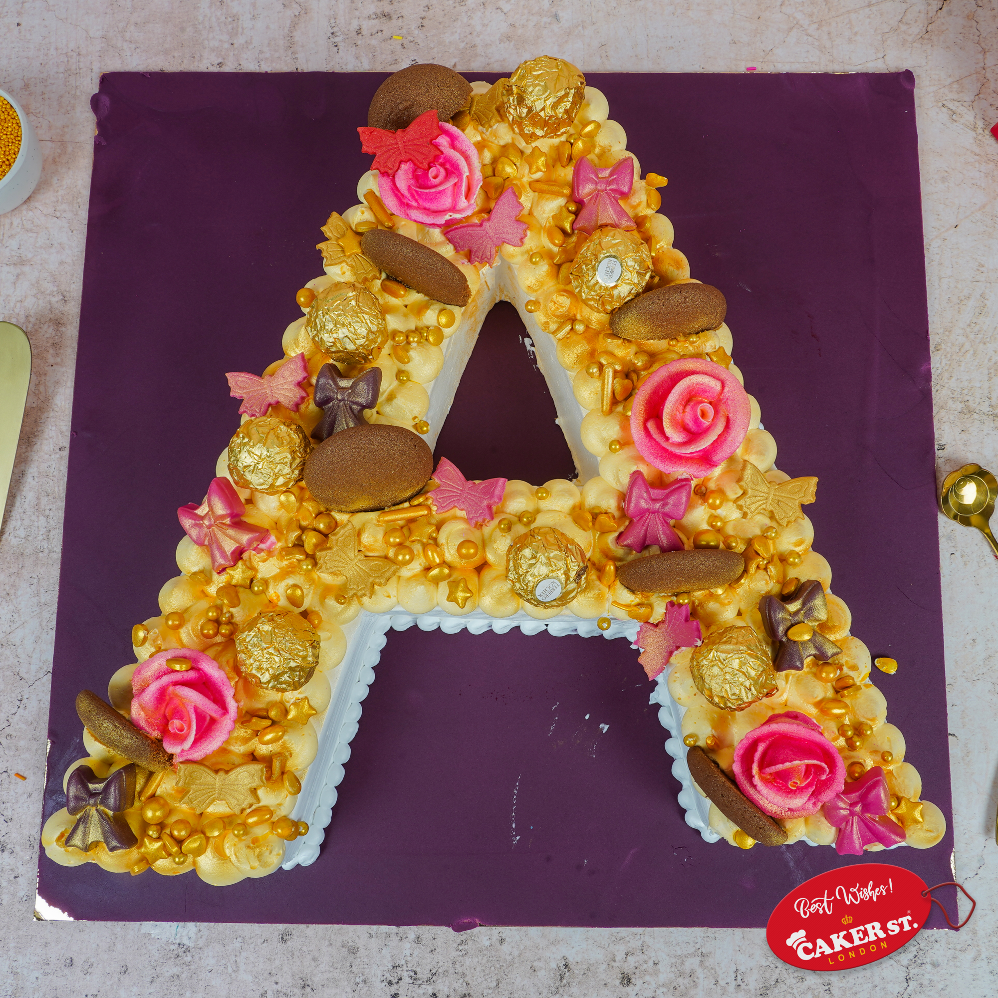 Personalised Letter Birthday Cake - Gold & Pink