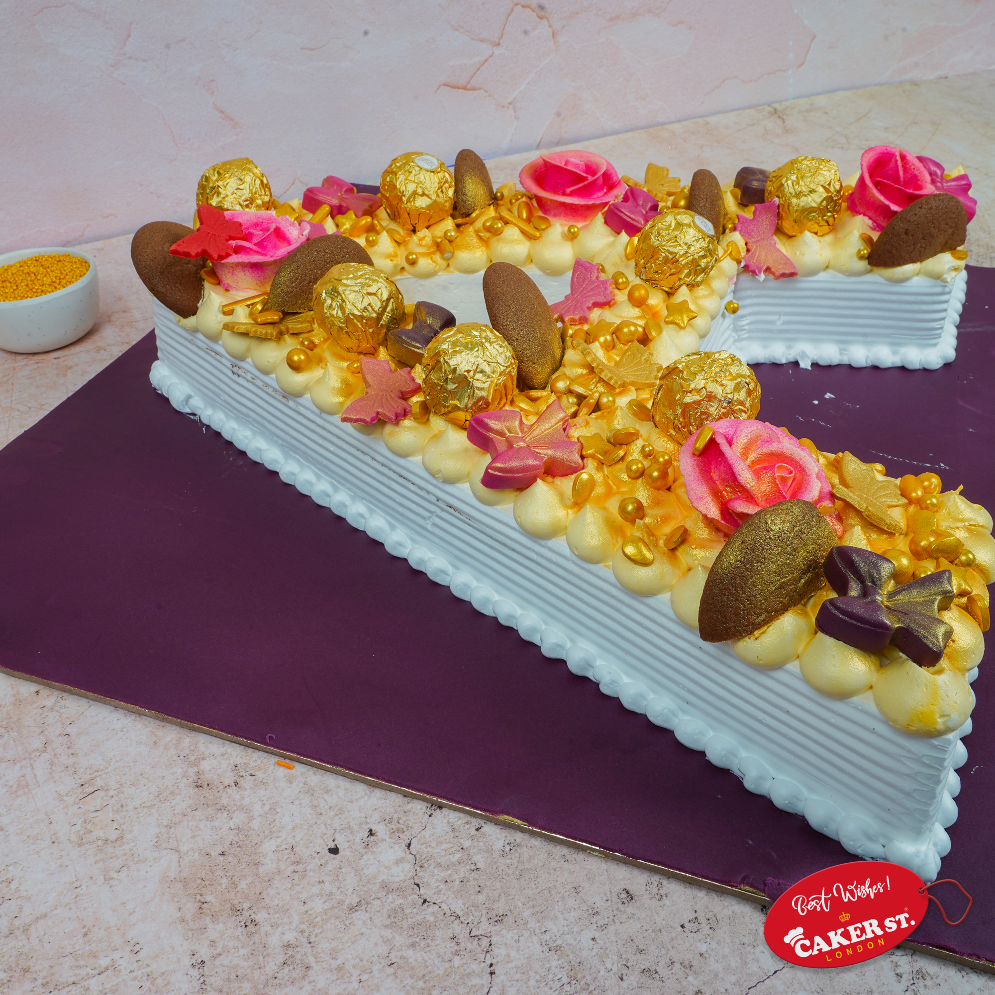 Personalised Letter Birthday Cake - Gold & Pink