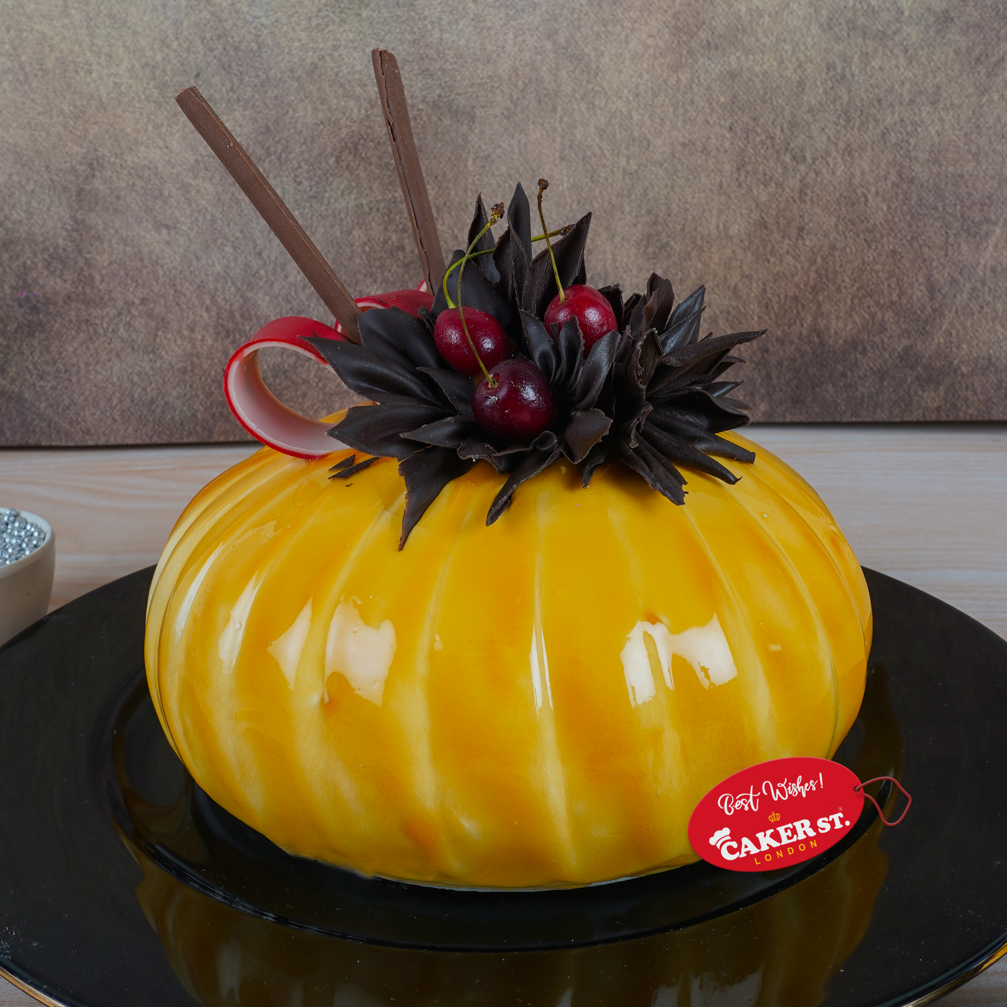 Elegant Yellow Glaze Birthday Cake with Chocolate & Cherries