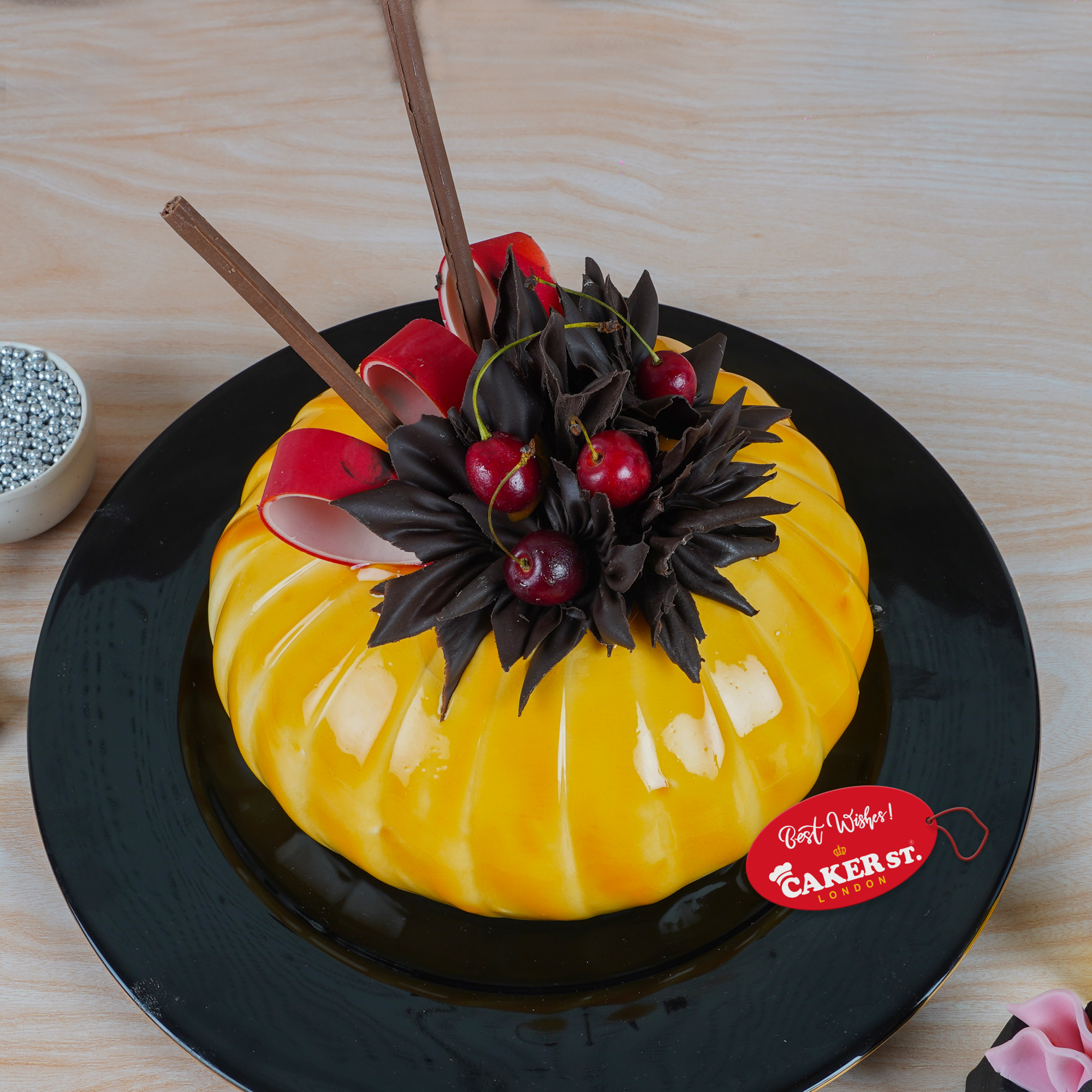 Elegant Yellow Glaze Birthday Cake with Chocolate & Cherries