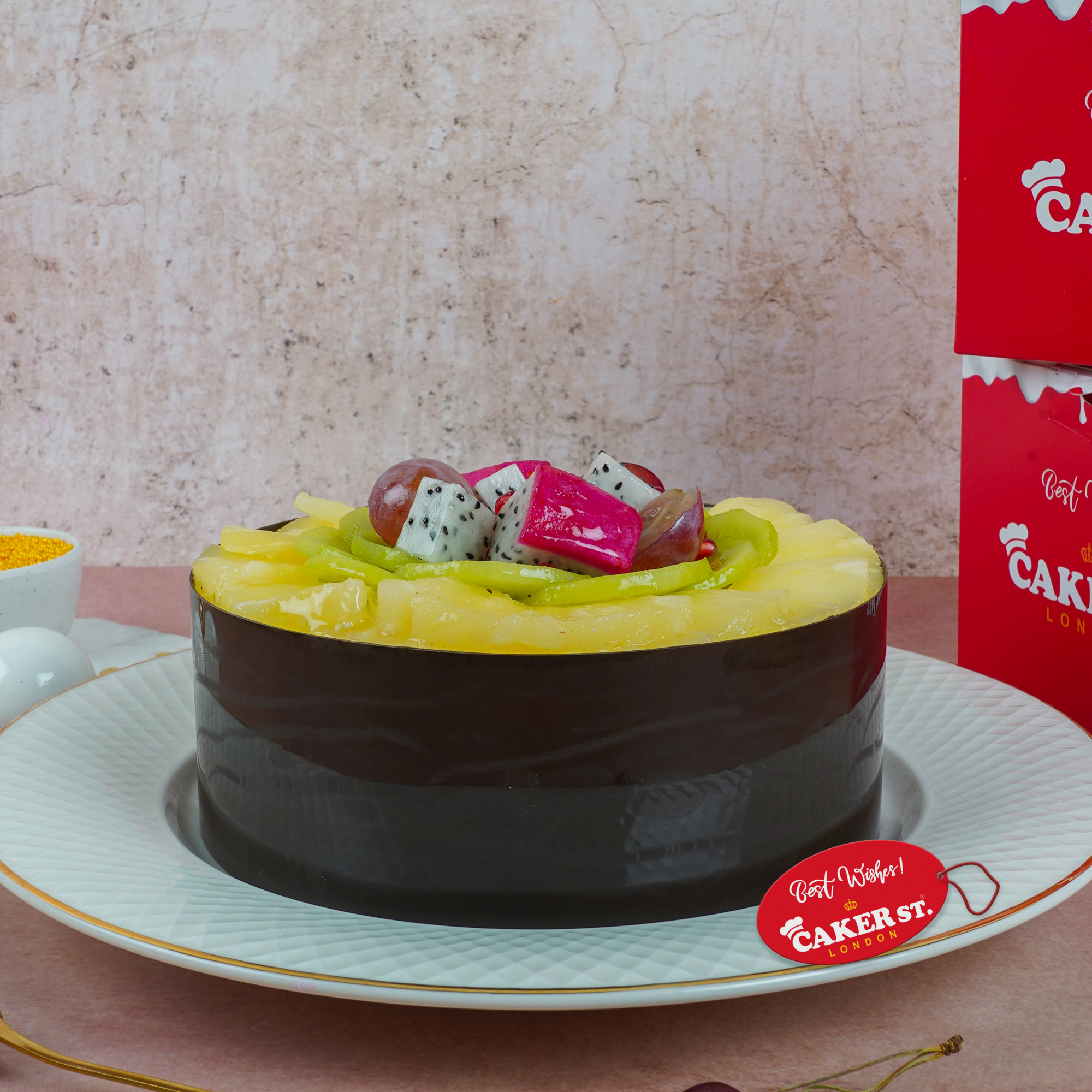 Tropical Fresh Fruit Birthday Cake with Chocolate Wrap