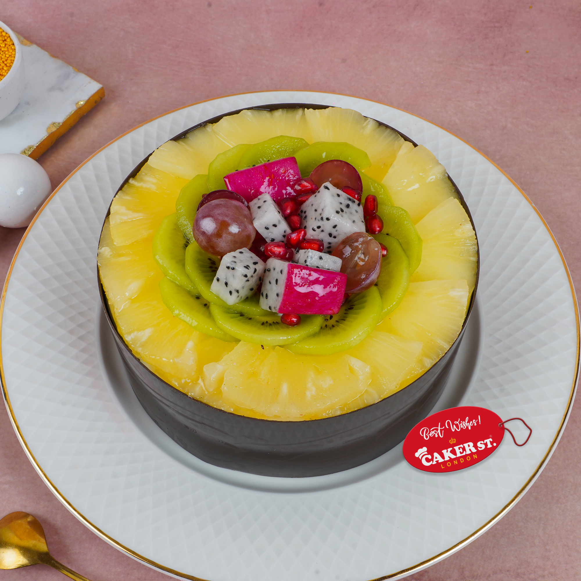 Tropical Fresh Fruit Birthday Cake with Chocolate Wrap