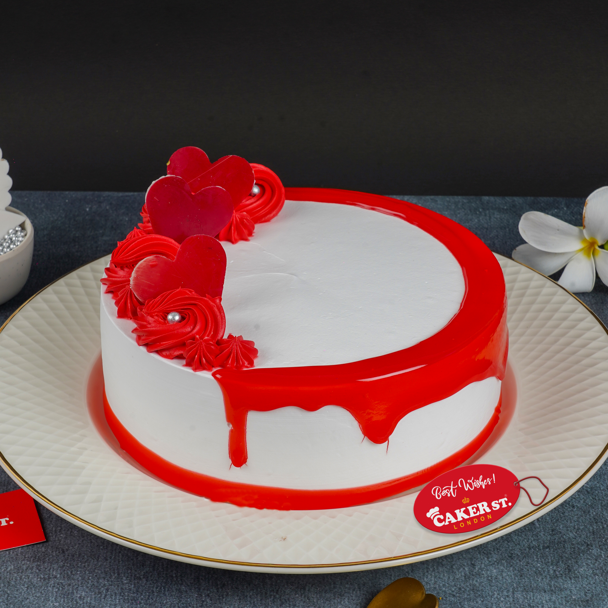 Red Drip & Hearts Anniversary Cake