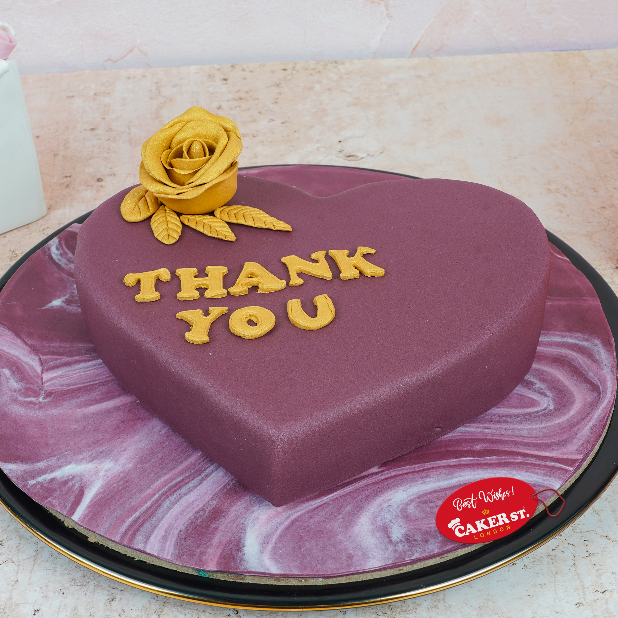 Thank You Heart Cake with Golden Rose