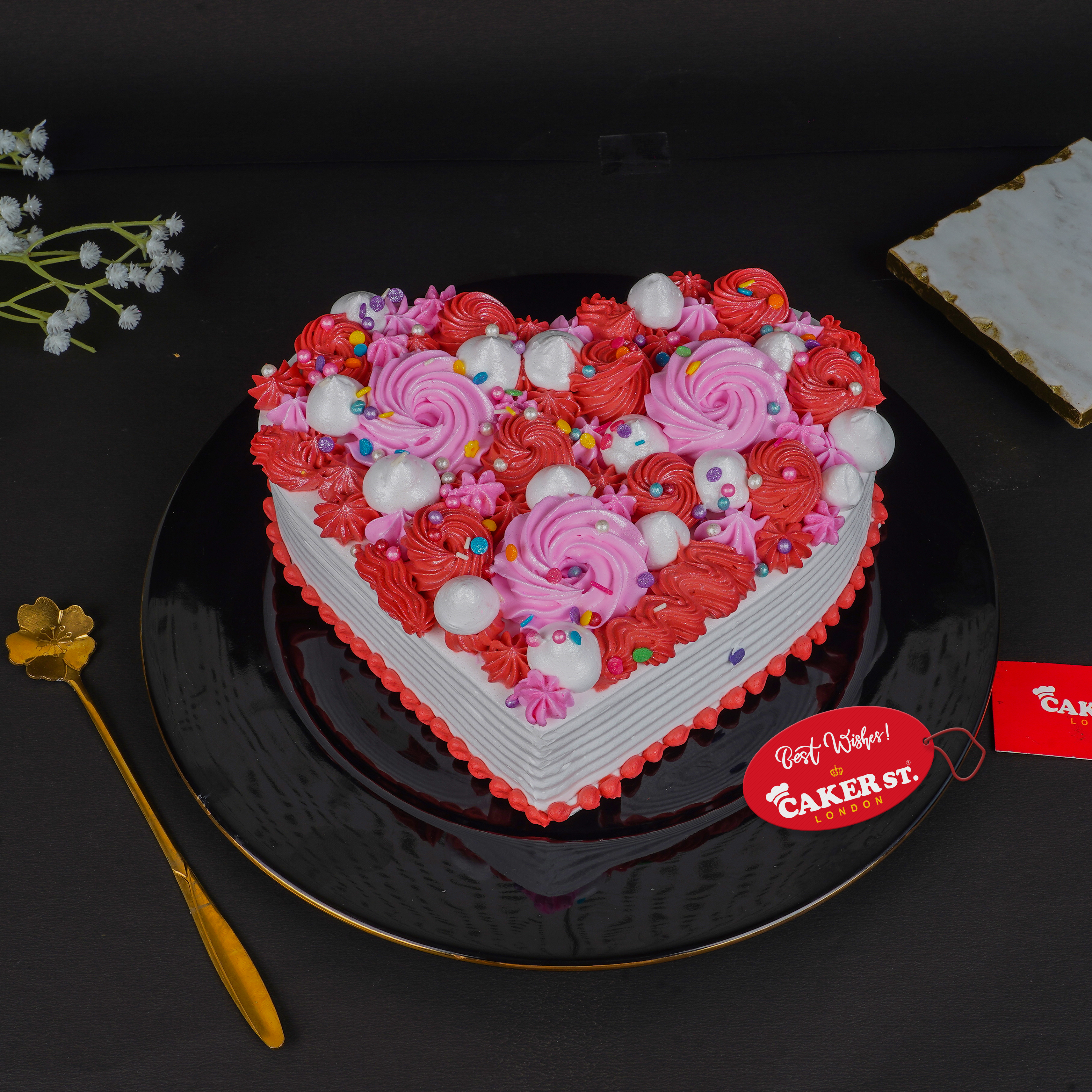 Heart Shaped Birthday Cake with Pink & Red Swirls