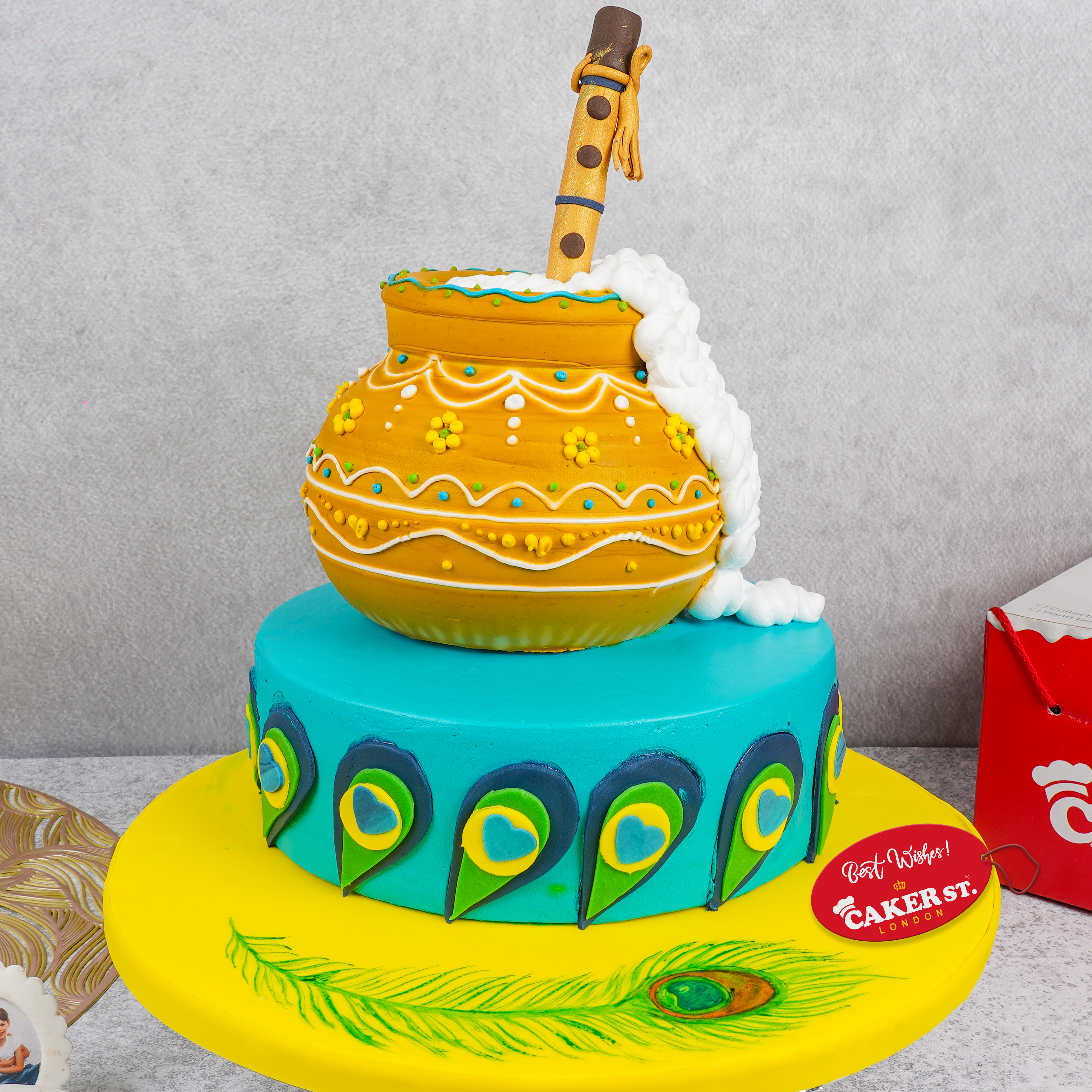 Janmashtami Theme Birthday Cake with Dahi Handi & Flute