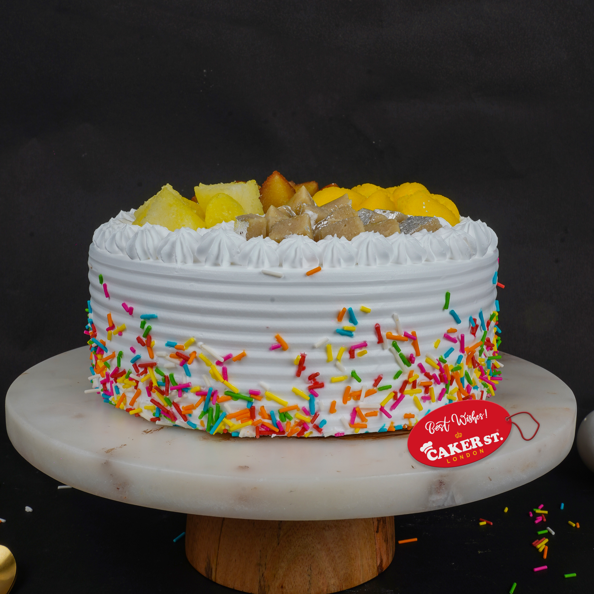 Fresh Fruits & Indian Sweets Birthday Cake