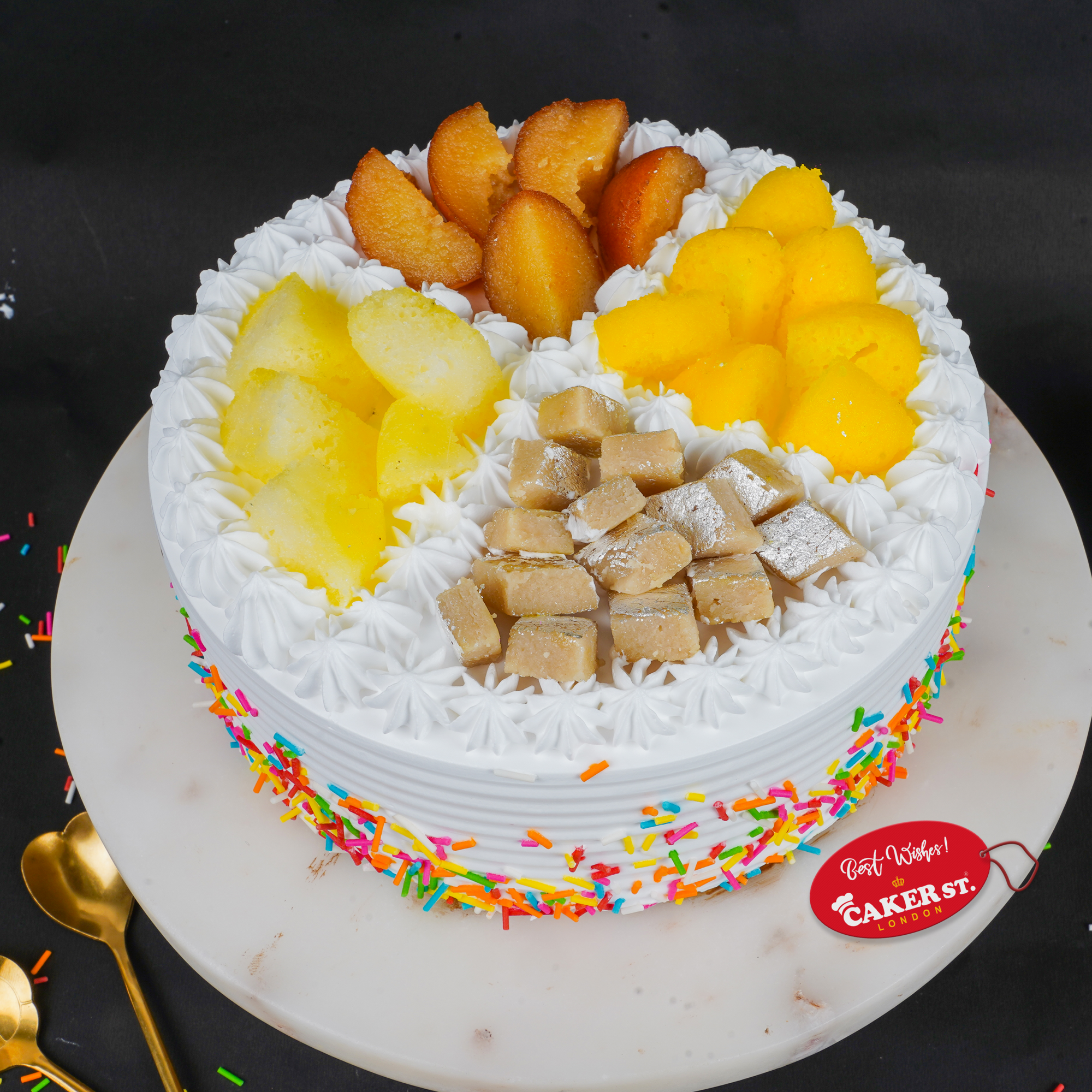 Fresh Fruits & Indian Sweets Birthday Cake