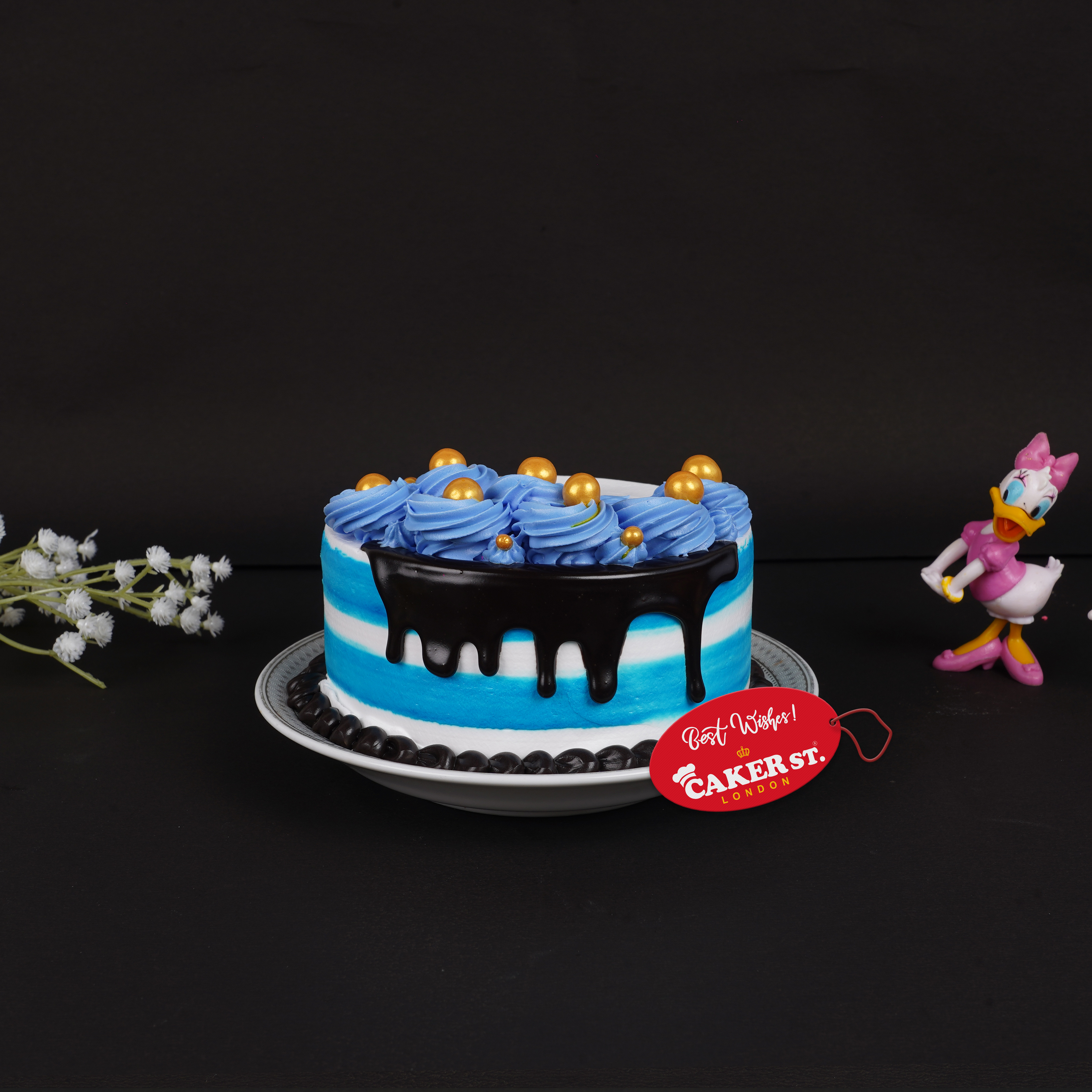 I Love You Blue Drip Cake with Gold Pearls