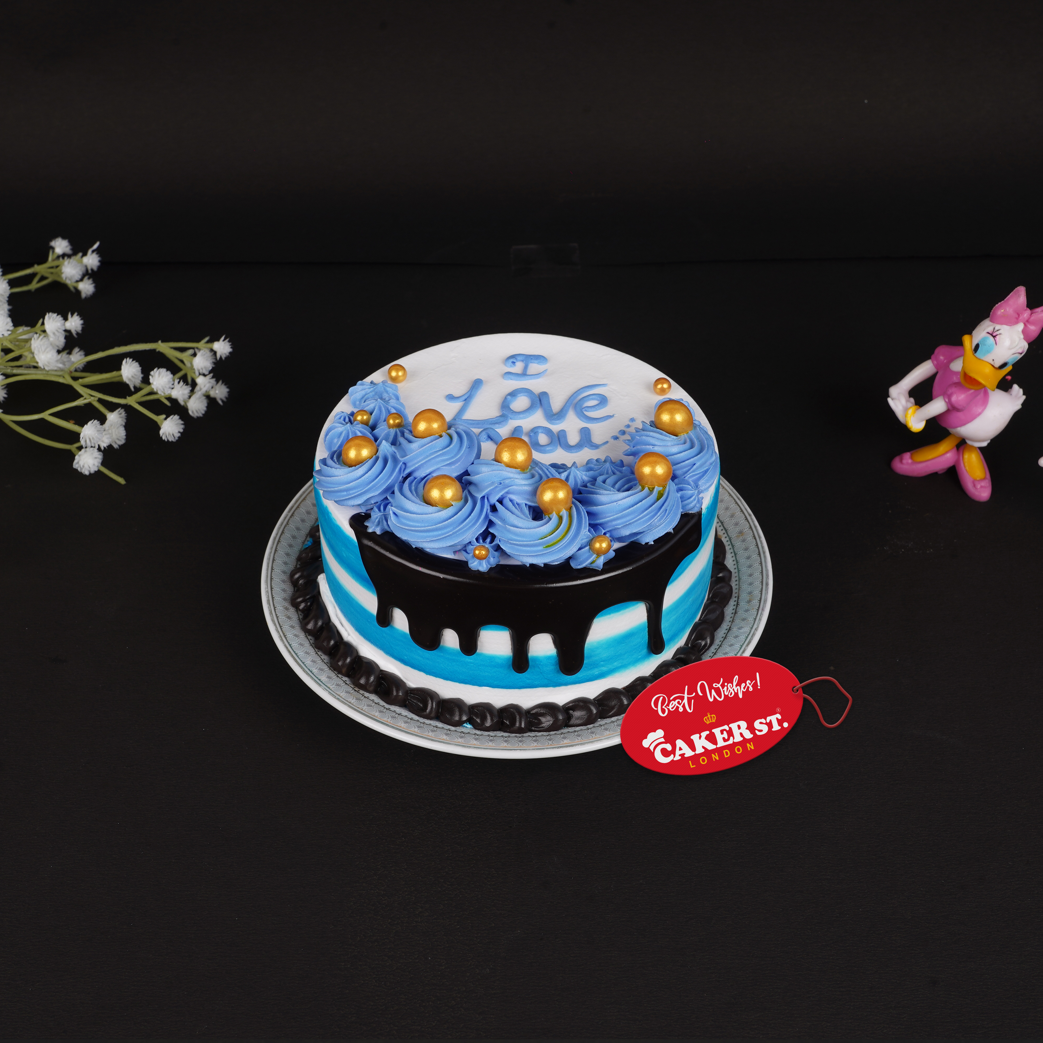 I Love You Blue Drip Cake with Gold Pearls