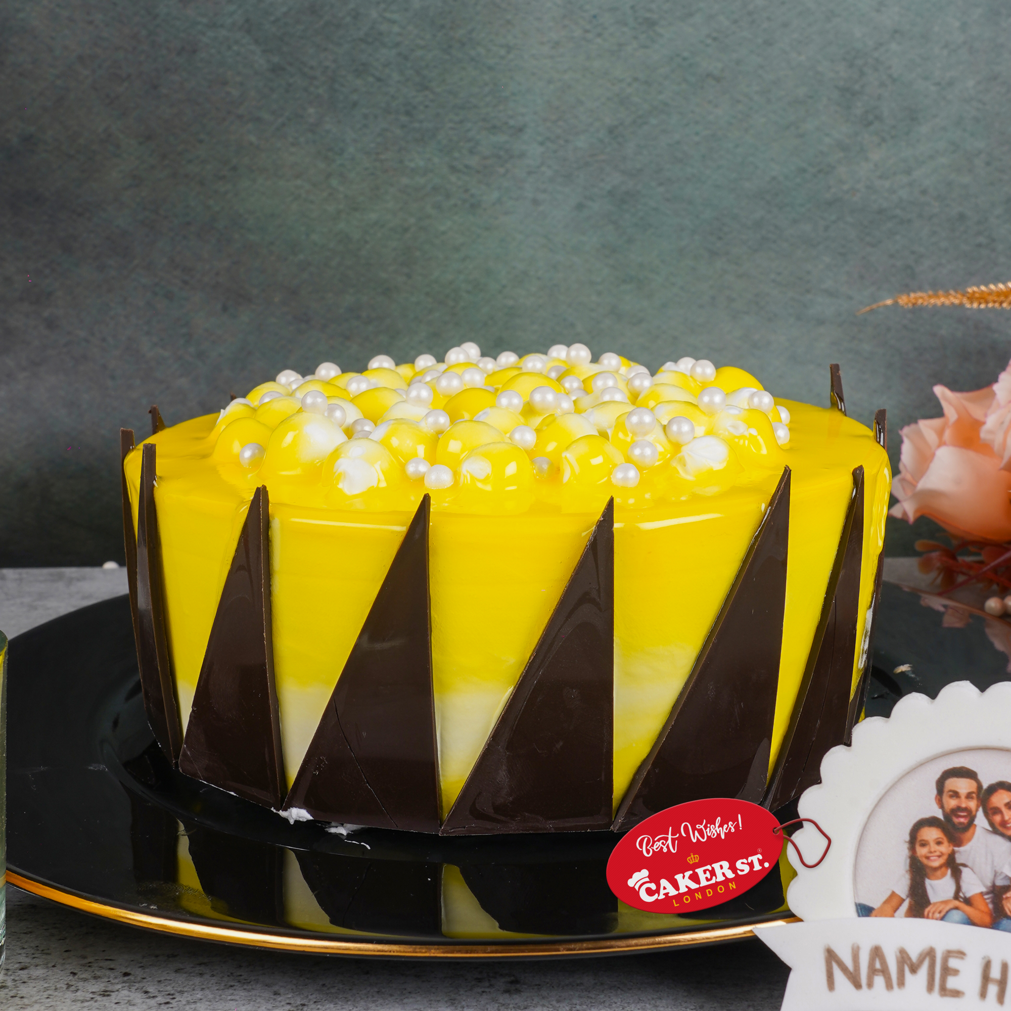 Elegant Yellow Birthday Cake with Chocolate Shards & Pearls